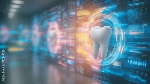 Modern Digital Dentistry Concept with Tooth Icon and Futuristic Data Visualization in Dental Care Technology Background