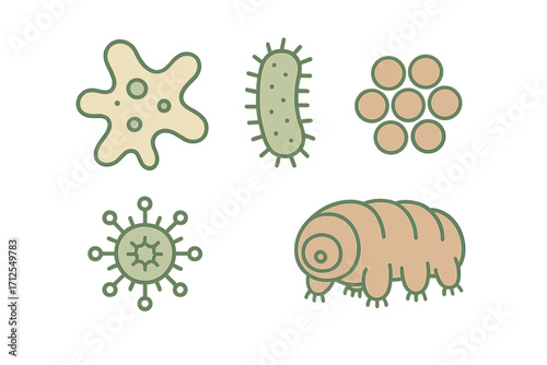 Close-up view of diverse microorganisms including bacteria, viruses, and tardigrades in a scientific illustration style
