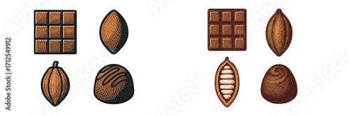 Different types of chocolate and cocoa beans displayed in a creative arrangement for dessert lovers and confectionery enthusiasts