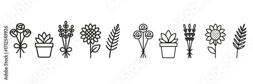 Line art of various flowers and plants in simple designs for decoration or artistic inspiration