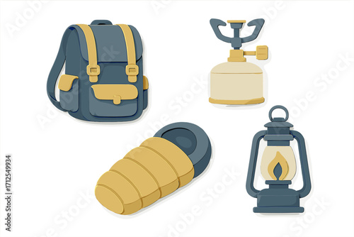 Camping gear including a backpack, lantern, sleeping bag, and stove displayed on a clean background