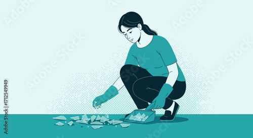 Gentle Cleanup: Woman Carefully Cleans Up Broken Glass on the Floor, Illustration