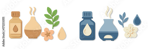 Essential oil collection and accessories on a white background showcasing serenity and natural wellness