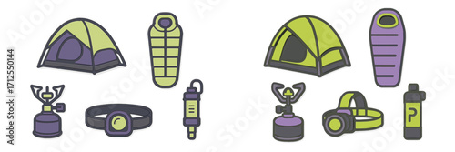 Camping gear collection featuring tents, sleeping bags, stoves, and lanterns for outdoor adventures