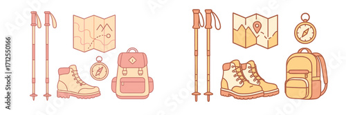 Hiking essentials including boots, backpacks, maps, compasses, and trekking poles for outdoor adventures