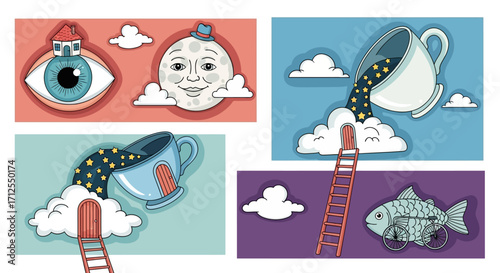 Surreal Dreamscape - Eye, Moon, Cups, Clouds, Ladders, and Fish.