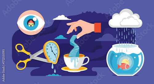 Surreal Dreamscape - Eye, Scissors, Clock, Hand, Cup, Cloud, Fishbowl.