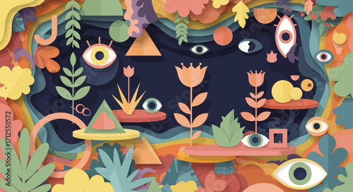 Surreal Paper Cutout Landscape with Eyes and Geometric Shapes.
