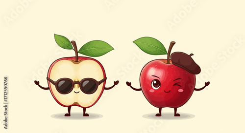 Two Cartoon Apples with Personality and Style on Light Background.