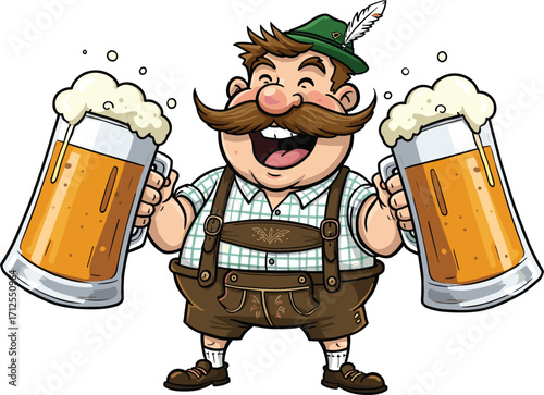 Funny Bavarian man in Oktoberfest costume, holding two large beer mugs, traditional German festival celebration, cultural outfit, cheerful cartoon illustration