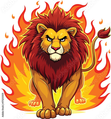 Majestic lion standing with fire flames, strong roaring jungle predator sports mascot
