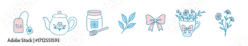 Hand drawn vector set of cozy tea elements: tea bag, floral teapot, honey jar, leaves, bow, cup with flowers. Perfect for greeting cards, packaging, invitations and kitchen designs.