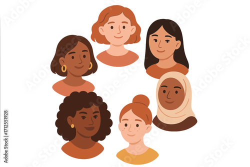 Diverse female faces in a circle. International Women's Day greeting card. Portraits of different ethnicity women together. Woman empowerment movement vector concept illustration.