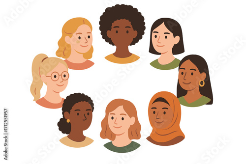 Diverse female faces. Portraits of different ethnicity in a circle. International Women's Day concept. Woman empowerment, sisterhood, feminism, and community vector graphic.