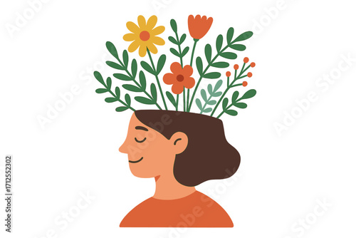 Mental health psychology concept with woman head blooming flowers. Metaphor for positive thinking, self care, inner peace, wellbeing, and personal growth. Vector illustration.