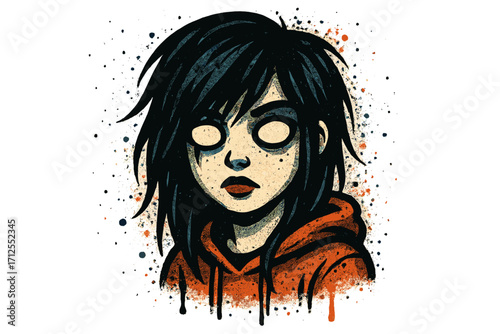 Urban street art graffiti style of a mysterious girl with dead eyes and black hair. Emo female character portrait in a hoodie with grunge splash and paint drip effects.
