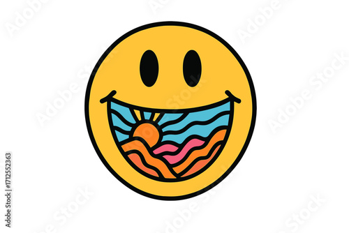 Psychedelic smile icon with groovy landscape in open mouth. Trippy emoji face with sun and waves. Retro 70s vector illustration for poster, sticker. Hippie acid trip graphic.