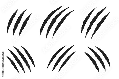 Claw scratches vector set. Animal attack silhouette. Monster, bear, tiger, lion claw slashes. Horror danger sign collection. Ripped, torn paper effect. Wild beast track.