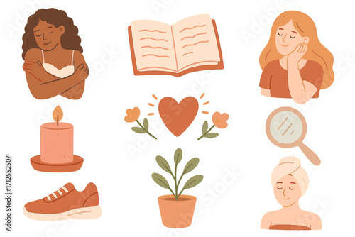 Self love and self care sticker set. Vector collection of flat icons for mental health and wellbeing. Woman, book, sport, candle, and spa elements for a balanced lifestyle.