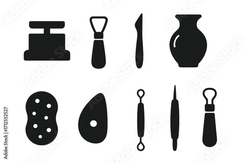 Ceramics and pottery tools icon set. Black silhouette vector illustration of clay sculpting equipment. Essentials for artists, workshops, and hobbies. Includes wheel, rib, knife.