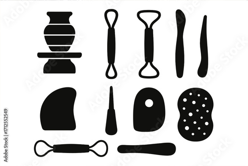 Ceramics tools icon set for pottery essentials. Modern silhouette style vector illustration. Handmade clay craft and sculpture workshop equipment. Modeling and carving tools.