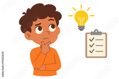Child thinking concept for problem solving, creativity. Boy with light bulb idea and checklist for brainstorming. Innovation, learning process. Education and task management. Vector.