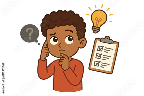 Child thinking concept with question mark, light bulb idea and checklist. Problem solving, creativity and learning process. Boy developing solution. Vector cartoon illustration.