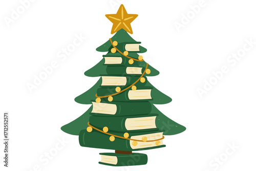 Christmas stories concept. Xmas tree made of books. Love reading creative metaphor. Knowledge, education symbol. Winter holiday library or bookstore decoration idea.