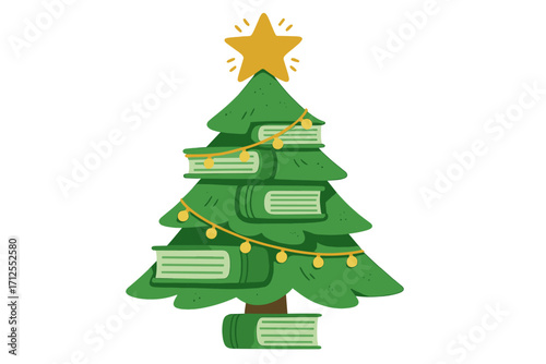 Christmas stories creative concept. Christmas tree made of books, decorated with a star and garland. Metaphor for love of reading, knowledge, education, learning, bookstore, library.