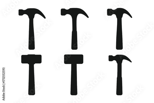 Hammer silhouette collection vector set. Six different tool icons including claw hammer and sledgehammer. Black symbol for construction, carpentry, building, and repair work.