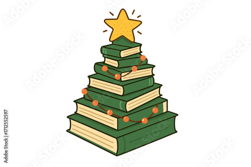 Christmas stories concept. Green Christmas tree formed from books. Xmas symbol with garland and star. Love reading creative metaphor. Education, library, bookstore holiday vector.