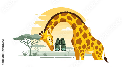 Gentle Giraffe Gazes At Scenery Through Binoculars Amidst African Savanna Landscape Scene
