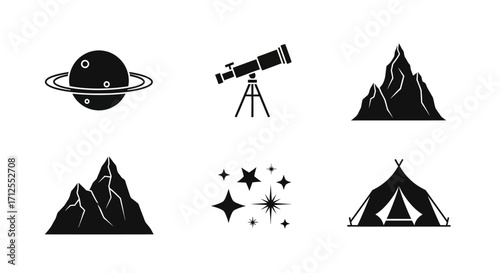 Camping and astronomy silhouette icon set for adventure.