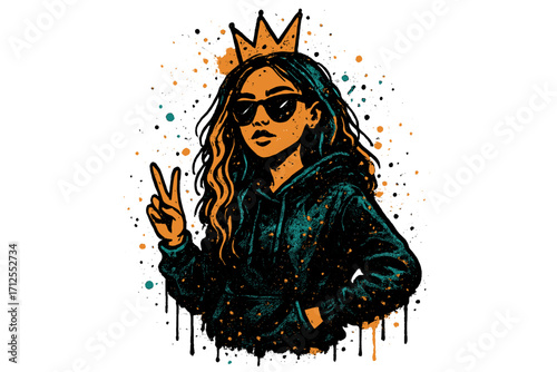Cool girl with crown in urban street graffiti style. Trendy woman in sunglasses and hoodie showing peace sign. Modern queen illustration with spray paint and drip effects.