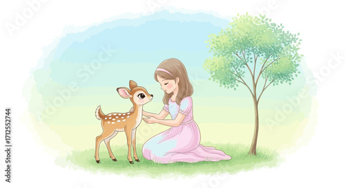 Gentle Girl Caressing a Spotty Fawn in a Peaceful Watercolor Scene