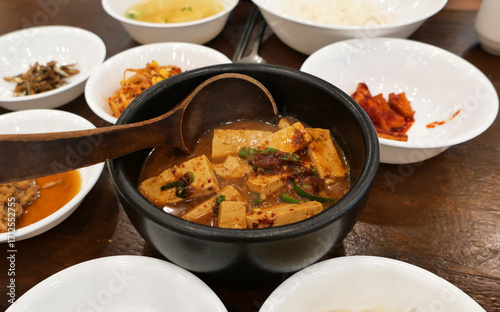 Traditional Korean Doenjang Jjigae with Tofu and Vegetables