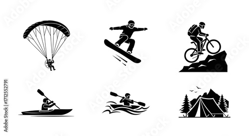 Set of monochrome icons for extreme sports and outdoor activities.