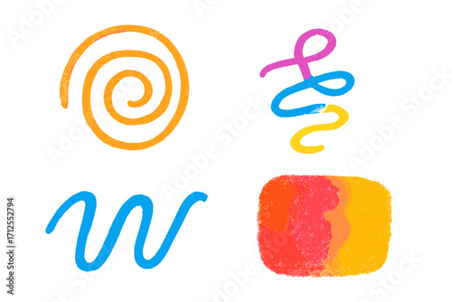 Colorful freehand charcoal strokes, squiggles, and shapes. Hand drawn abstract design elements with pencil texture. Vector scribble, spiral, smear set. Bright colored doodles.