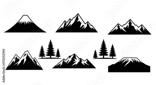 Mountain Silhouette Vector Icon Set with Pine Trees for Outdoor Adventure Logo Design