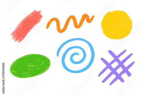 Colorful freehand charcoal stroke, squiggle and shape collection. Hand drawn abstract element with crayon texture. Vector scribble or smear for back to school or kid's design.