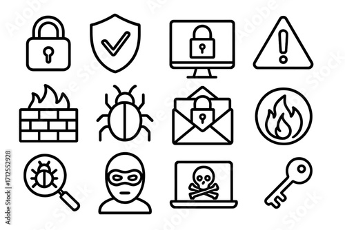 Cybersecurity icon set. Hacker attack, data protection, virus, and firewall concepts. Line icons for web security, antivirus, privacy, and malware threat detection. Vector.