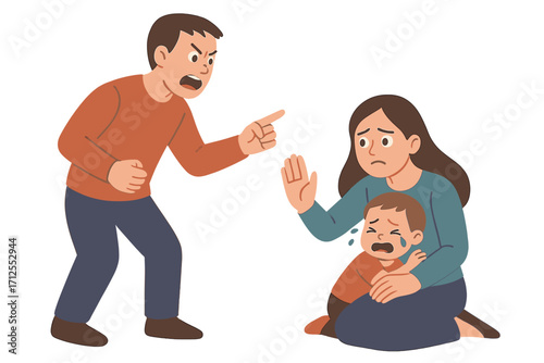 Domestic violence, family conflict. Angry father yelling at scared wife protecting crying child. Abusive relationship, aggression, harassment, psychological abuse at home.