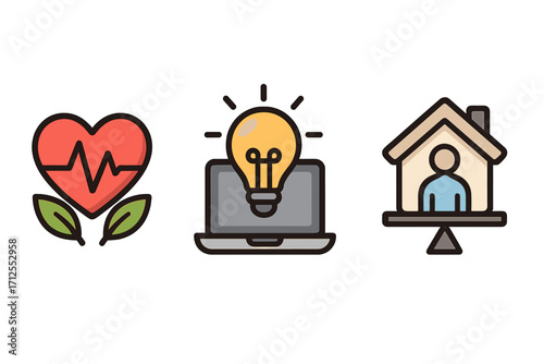 Employee wellness icon set with symbols for health, productivity, and work-life balance. Vector illustration representing mental wellbeing, creative ideas, and remote work.