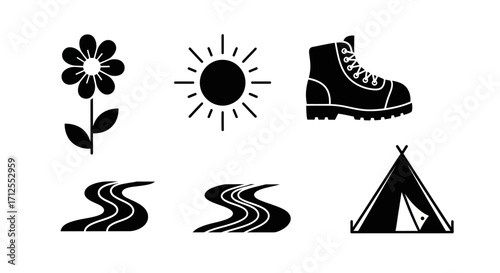 Set of black silhouette icons for camping hiking and nature.
