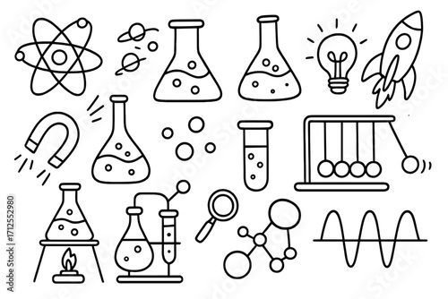 Doodle science icons set. Hand drawn vector illustration of chemistry and physics elements. Laboratory research symbols like atom, flask, molecule, rocket for education.