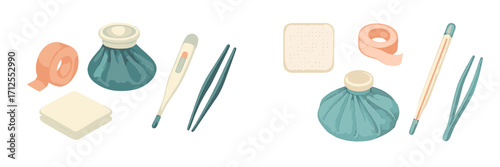 First aid kit essentials displayed with various medical tools and supplies on a white background