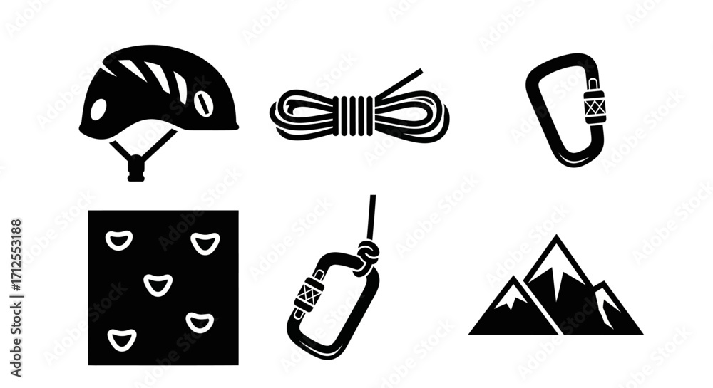 Fototapeta premium Rock climbing and mountaineering equipment vector icon set.