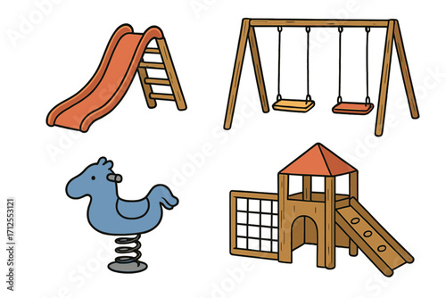Hand drawn cartoon playground equipment set. Vector illustration collection of park elements for kids activities. Includes slide, swing, spring rider, and play structure.