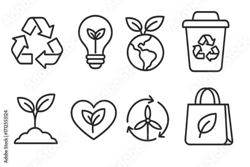 Eco-friendly linear icons set. Sustainability and recycling symbols. Green energy, ecology, and environmental conservation concept. Vector illustration of planet, leaf, and renewable.