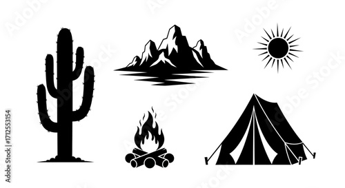 Outdoor Adventure Vector Icon Set with Camping Mountain and Desert Silhouette Elements